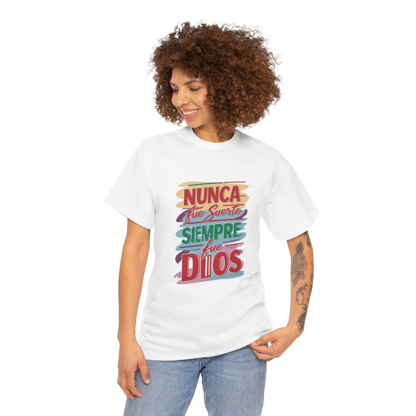 Colorful Inspirational Unisex Heavy Cotton Tee - "Nunca Fue Suerte, Siempre Fue Dios"